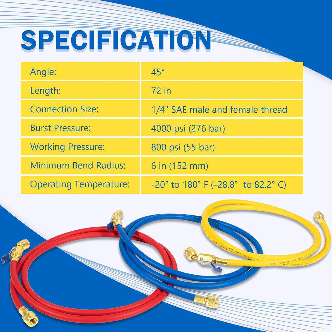 29986 Plus II 1/4″ Red Blue Yellow Charging Hose Compact Ball Valve 72″ 3 Pack