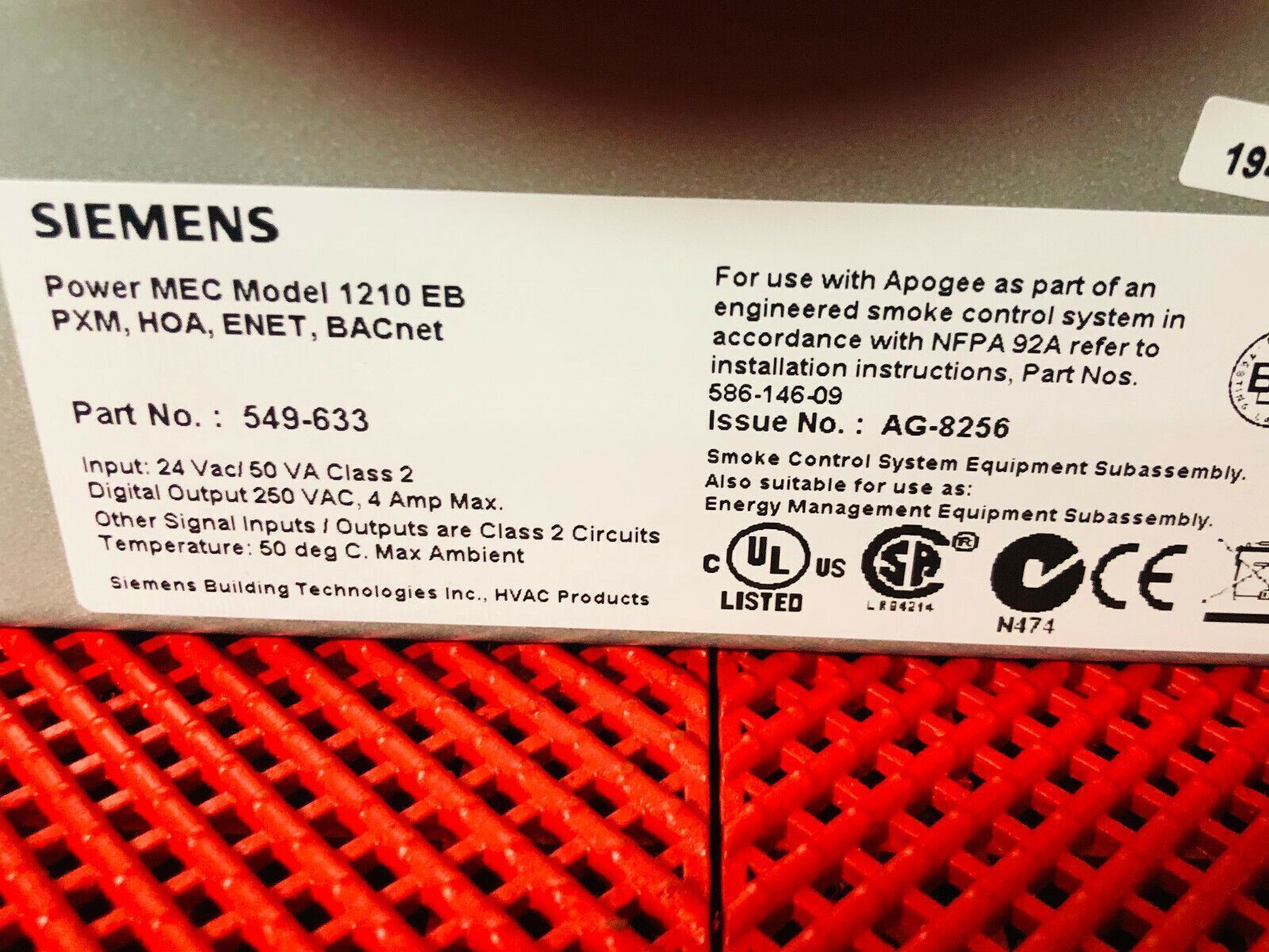 Siemens 549-633 Power MEC Model 1210EB, Apogee Firmware, Pxm, HOA, Enet, Bacnet