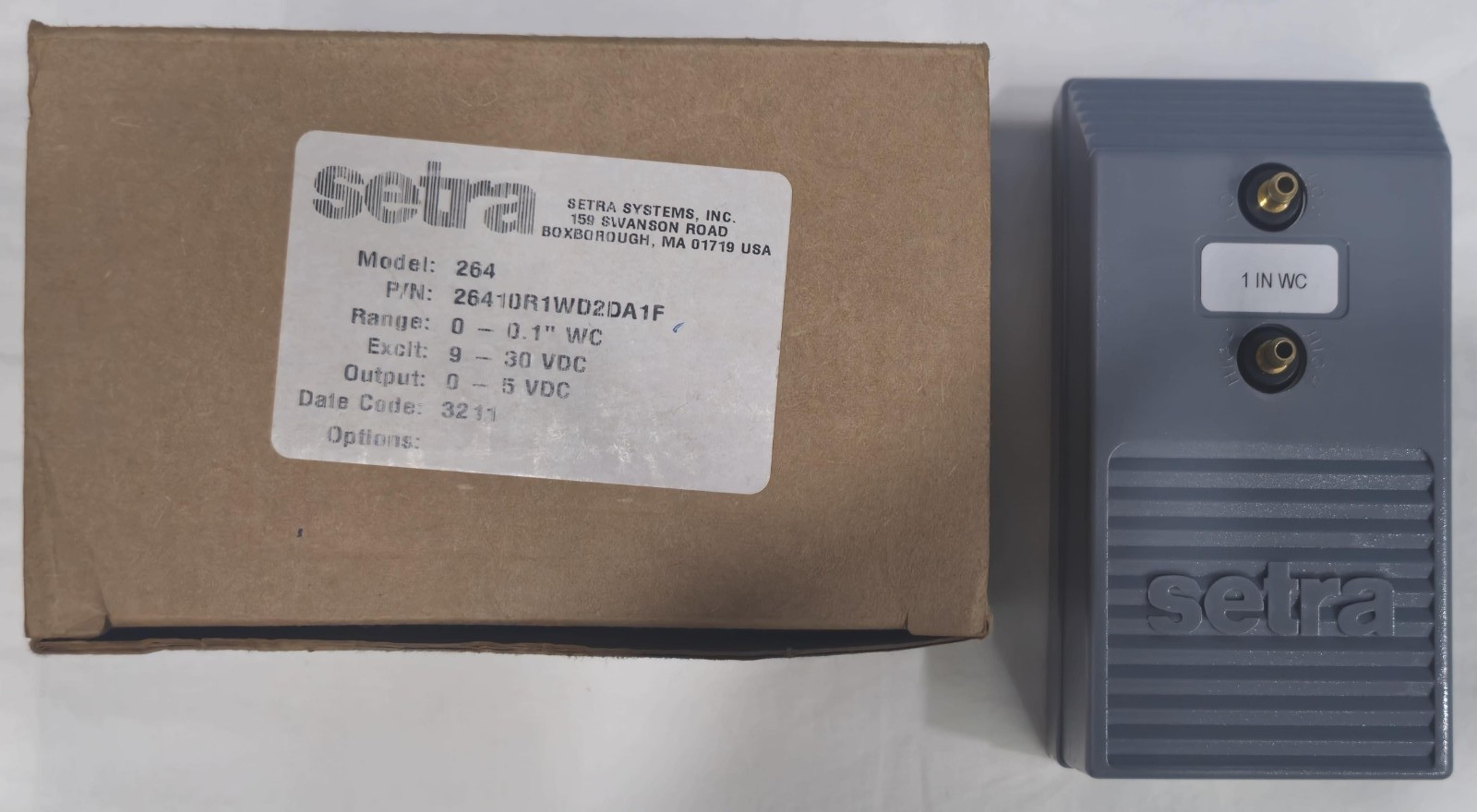 Setra Model 264 Differential Pressure Transducer 26410R1WD2DA1F RANGE:0-0.1″ WC