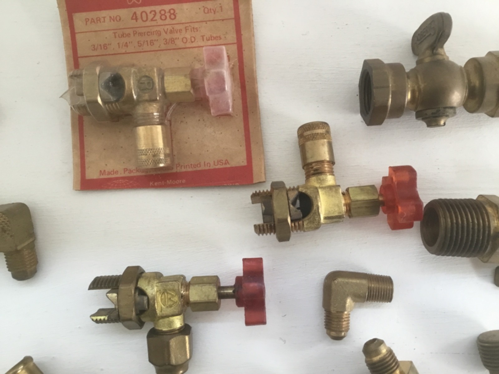 3 X Robinair 40288 Line Piercing Valves plus more solid Brass AC fittings
