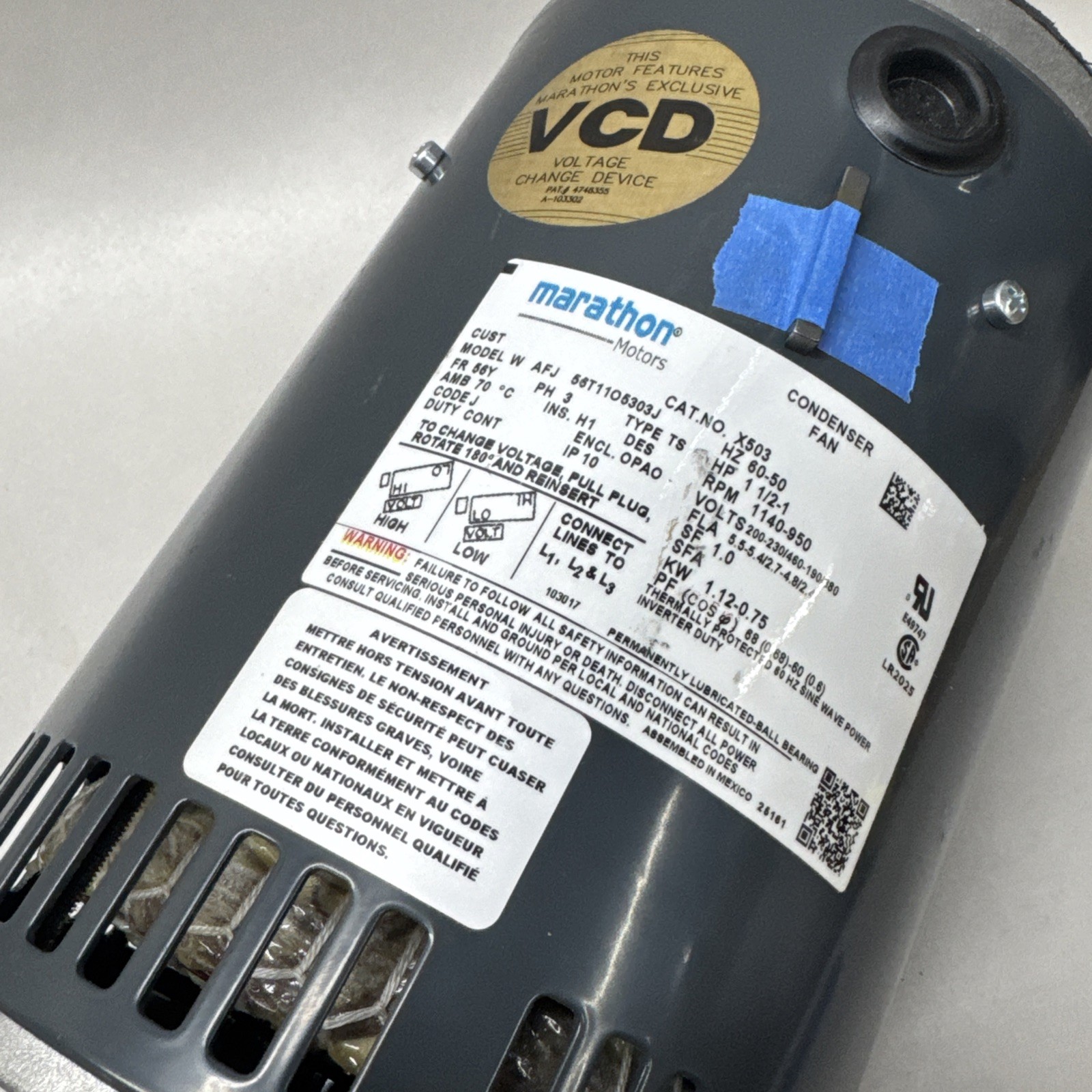 MARATHON W AFJ 56T11O5303J Motor , 3 Phase, 1.5 / 1HP, Condenser Fan Motor X503