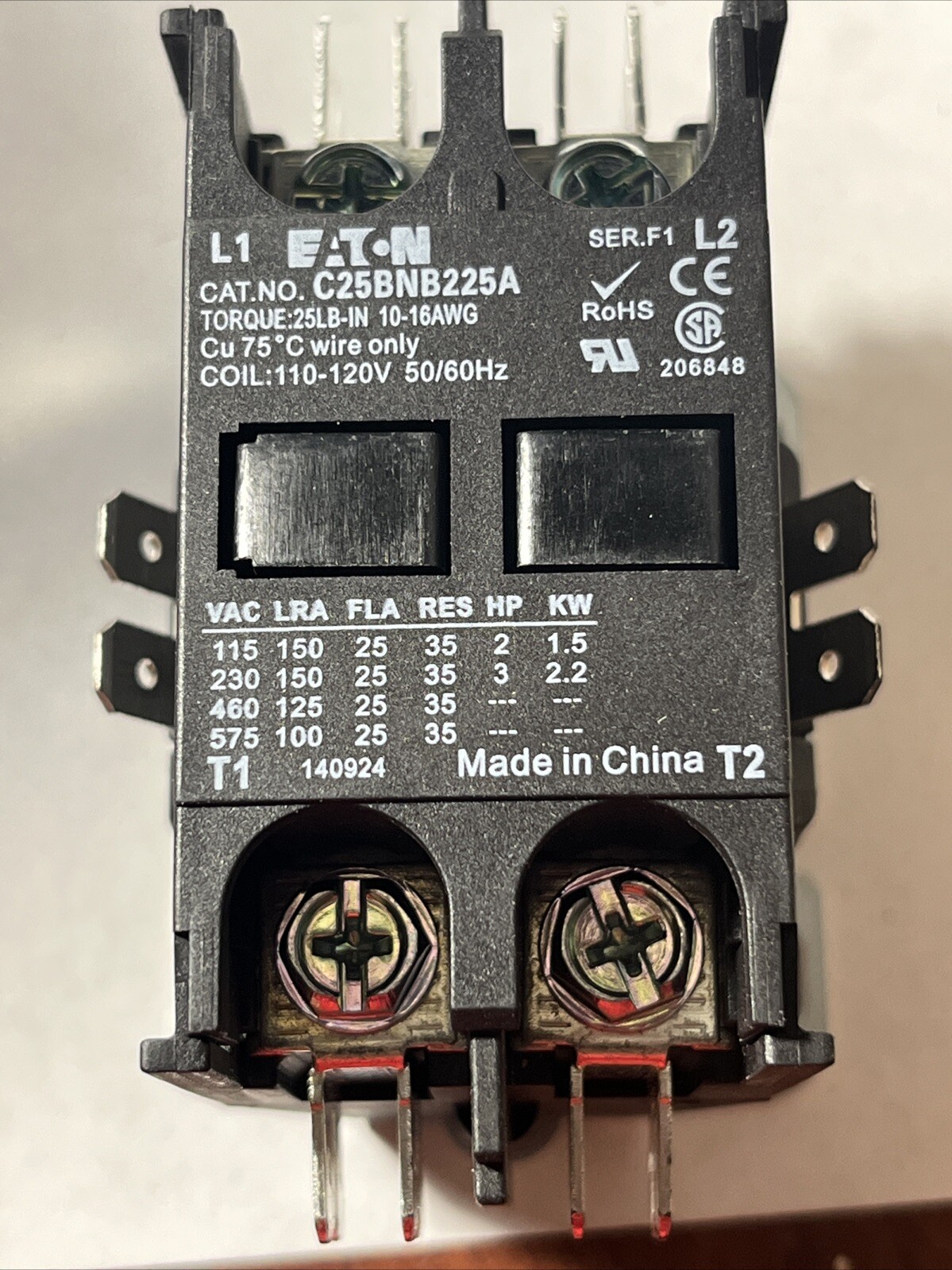C25BNB225A Eaton / Cutler Hammer Contactor – 25 Amp / 2 Pole, 110/120V Coil, New