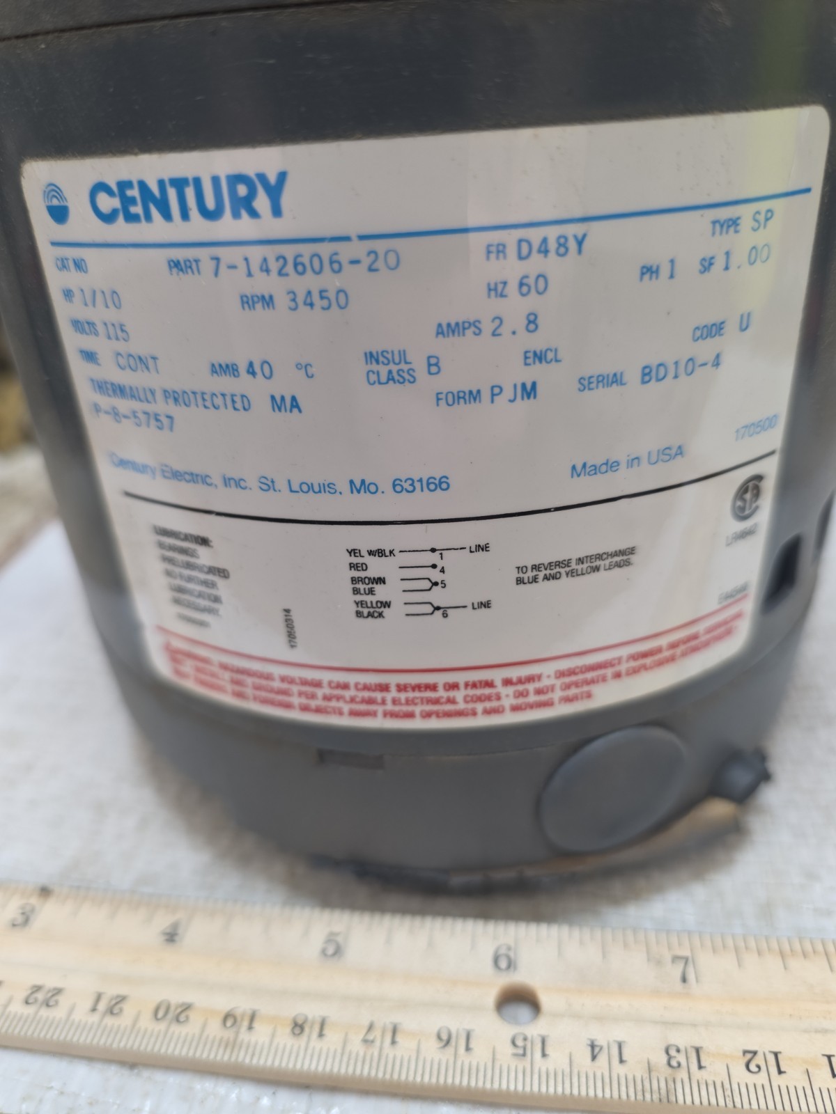 Century Motor – 7-142606-20 / P8-5757 – 1/10 HP, 3450 RPM, 115 V2.8 AMP – NOS