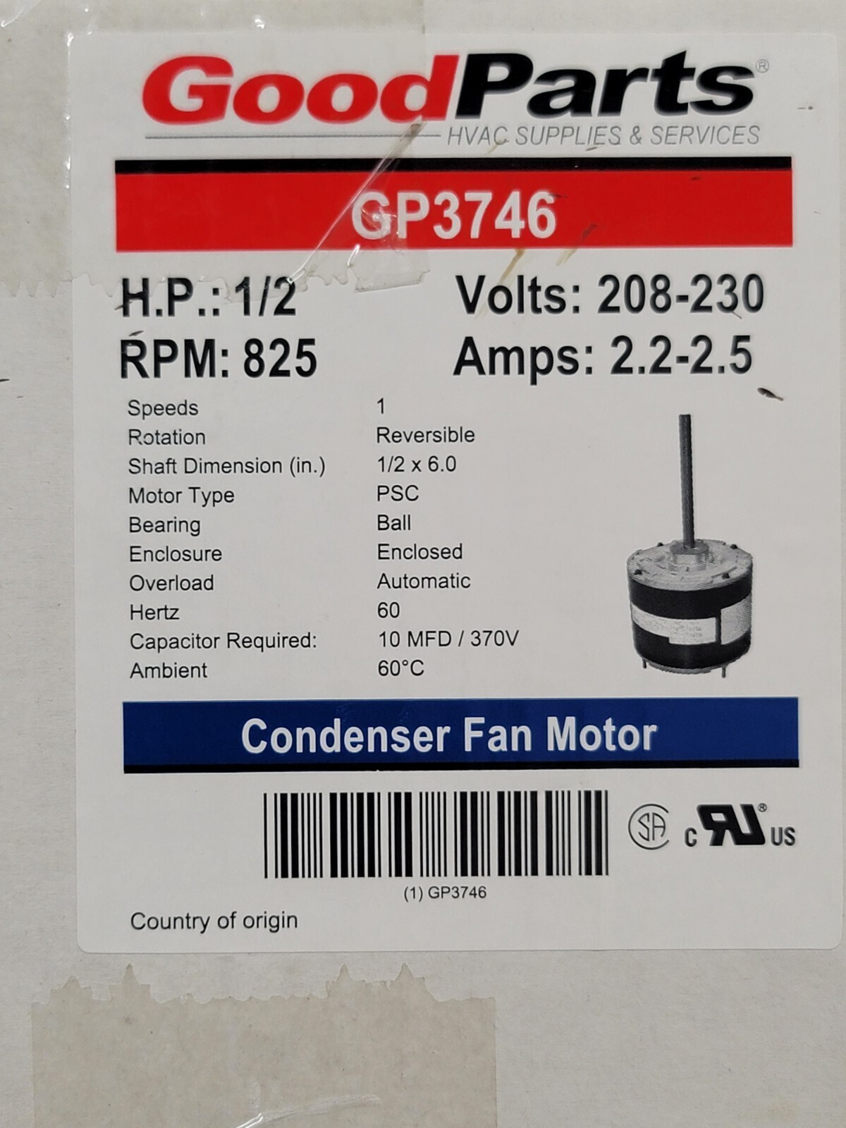 GP-3746 (EM-3746) Condenser Fan Motor 1/2 HP, 208-230V, 825 RPM, 1 PH, 48Y Frame