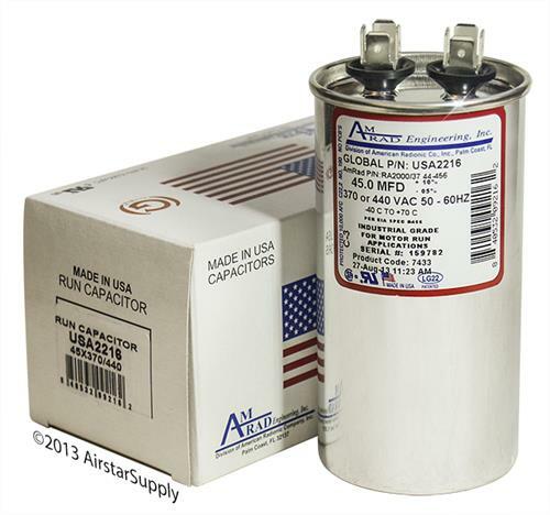 45 MFD x 370 / 440 VAC Round Run Capacitor AmRad USA2216 – Made in the USA