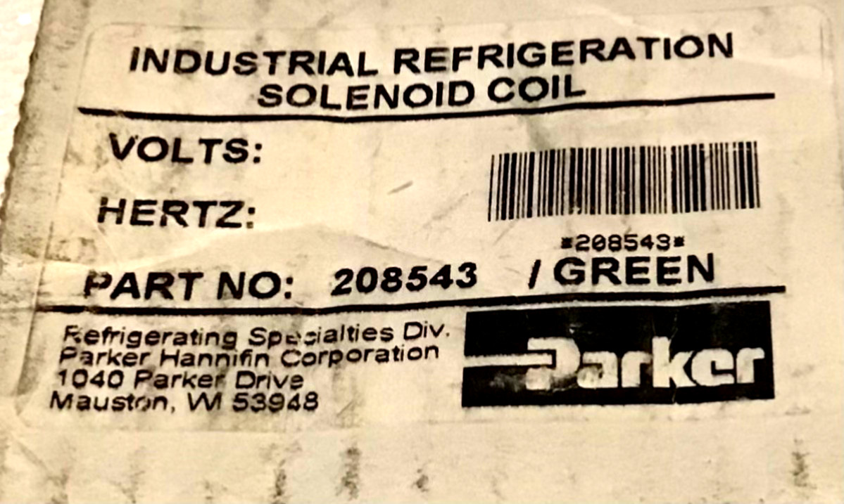 NIB Parker Industrial Refrigeration Solenoid Coil Part# 208543 Green.