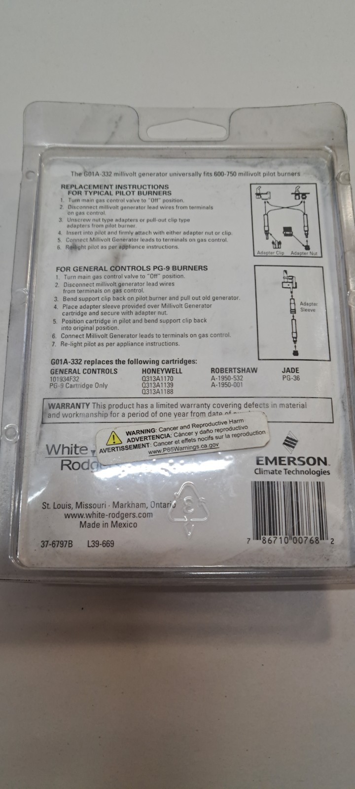 WHITE-RODGERS G01A-332 Thermocouple, 36 in Cable, 750mV 2E446