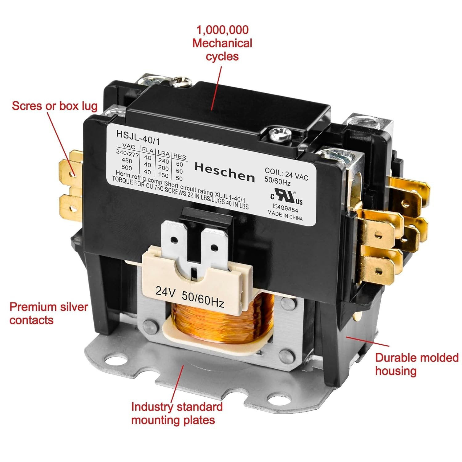 HVAC Motor Contactor 1 Pole 40A 24VAC Coil for AC Heat Pump Refrigeration UL