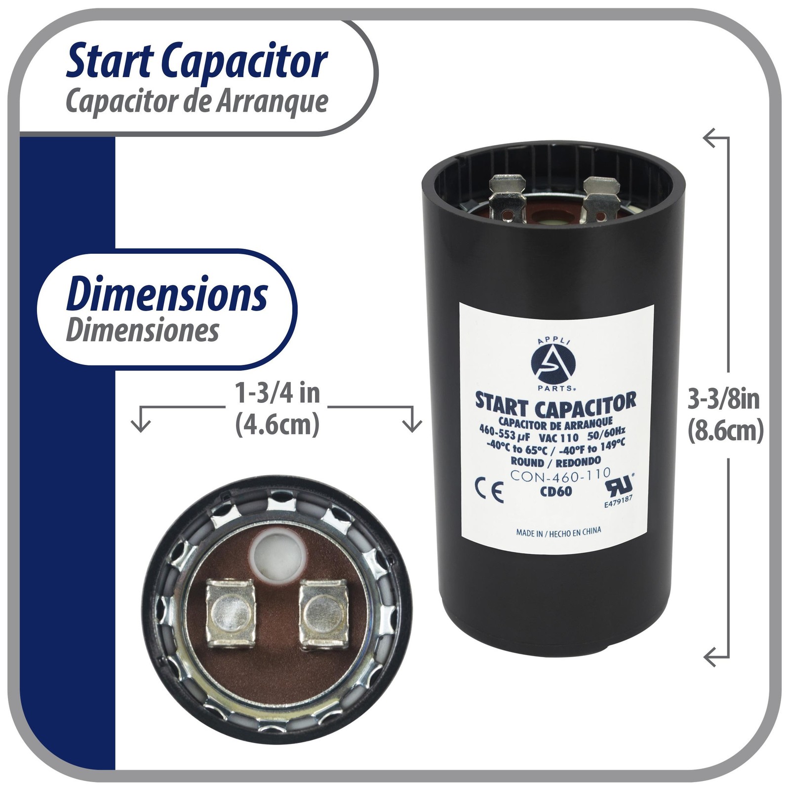 Appli Parts motor start capacitor 460-553 Mfd (microfarads) uF 110-125 VAC unive