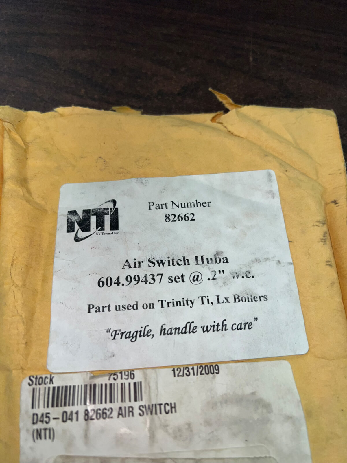 NEW NTI 82662 AIR SWITCH HUBA 604.99437 TRINITY TI , LX BOILERS .15 WC