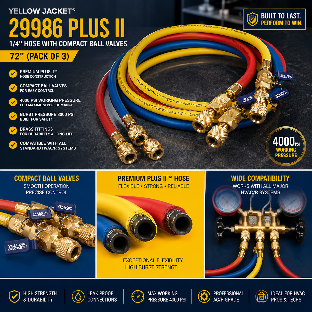 Yellow Jacket 29986 Plus II 1/4″ Hose with Compact Ball VALVES, 72″ (Pack of 3)