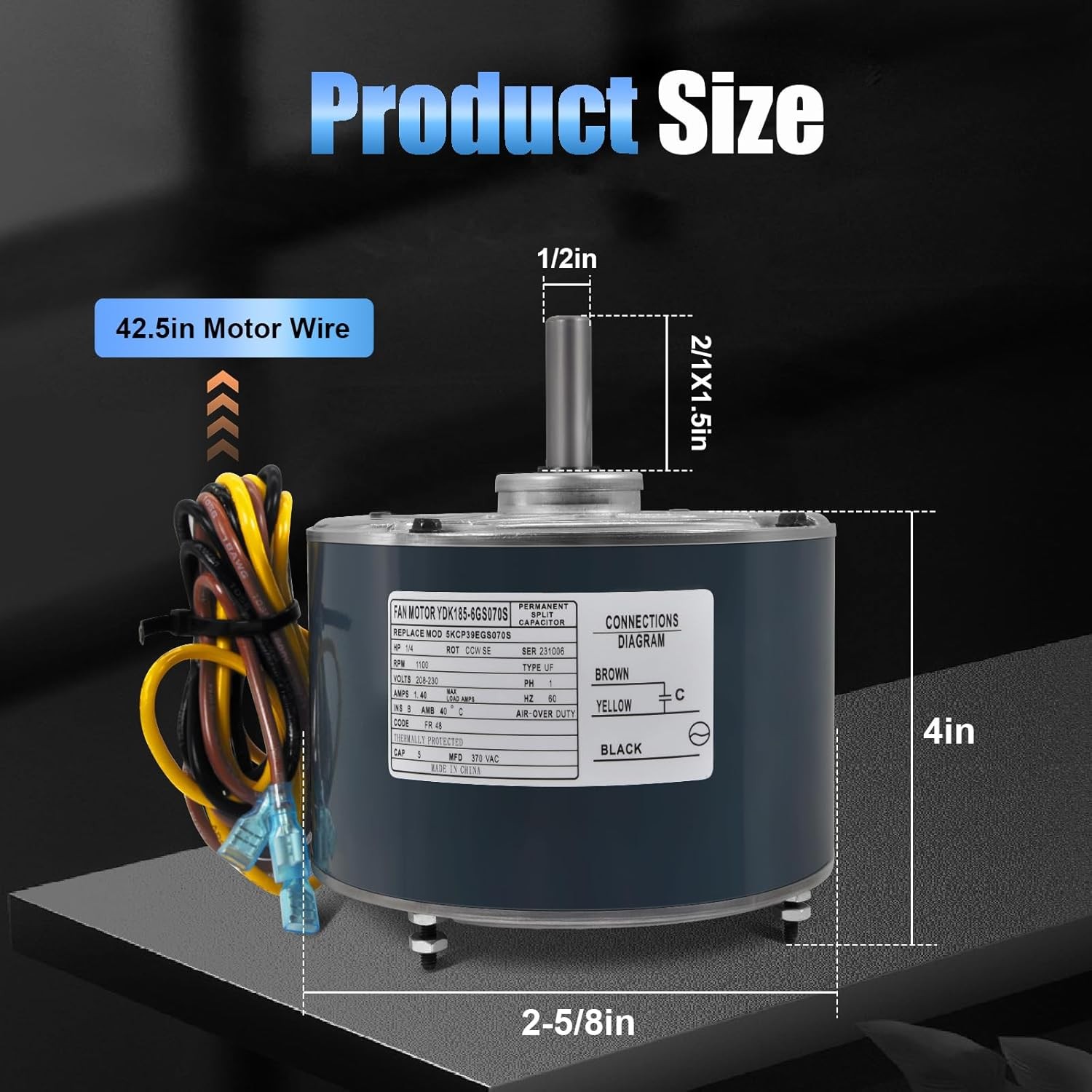 230V 1/4 HP Condenser Fan Motor OEM Standard 1100 RPM 5KCP39EGS070S Compatible