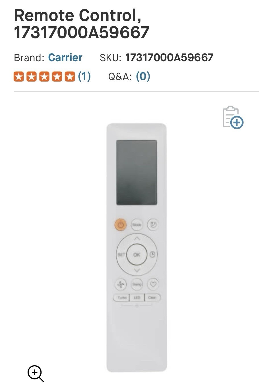 Carrier Remote Control 17317000A59667 for HVAC Systems Battery Powered Plastic