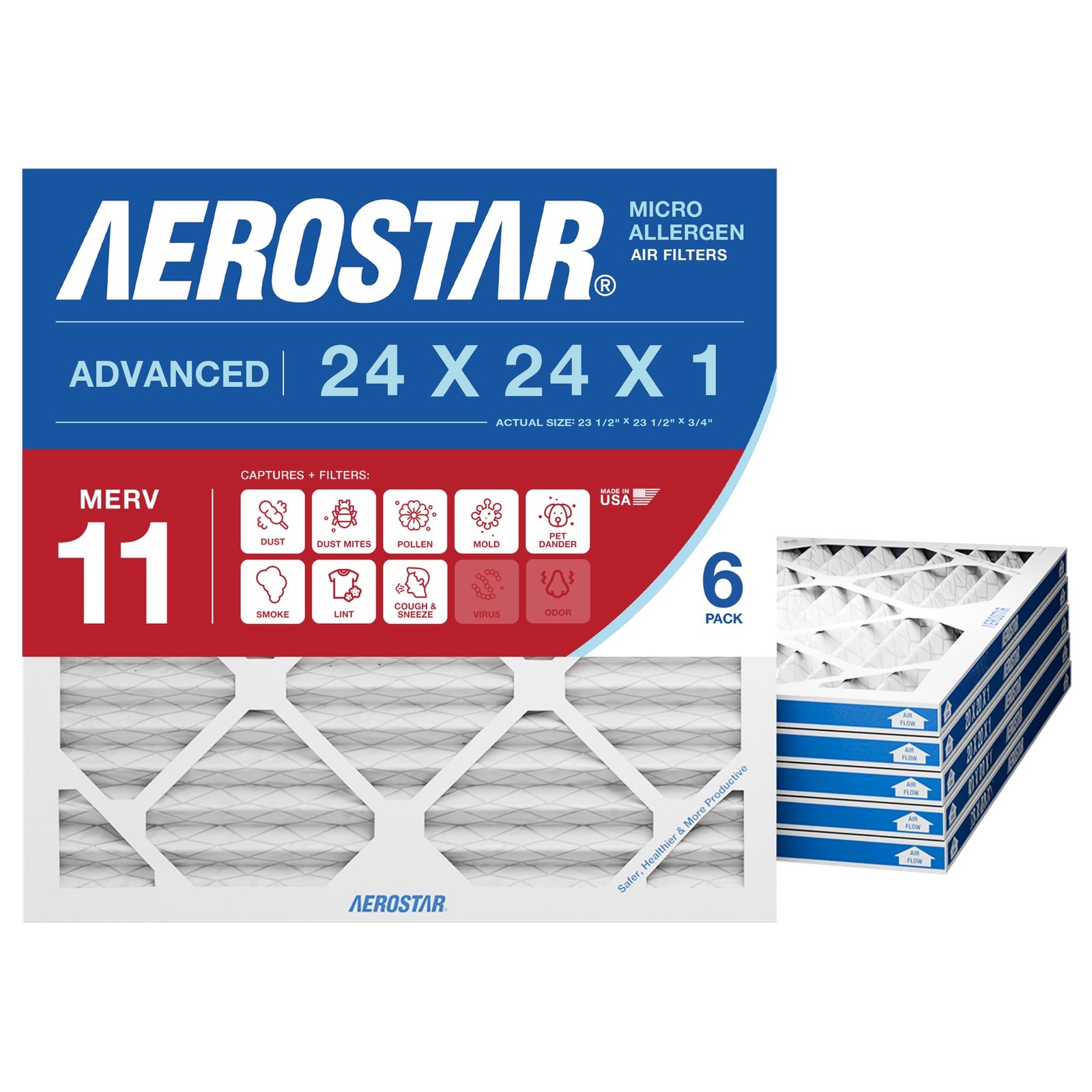 Aerostar 24X24X1 Merv 11 Air Filter 6 Count Actual Size 23.50 X 23.50 X 0.75
