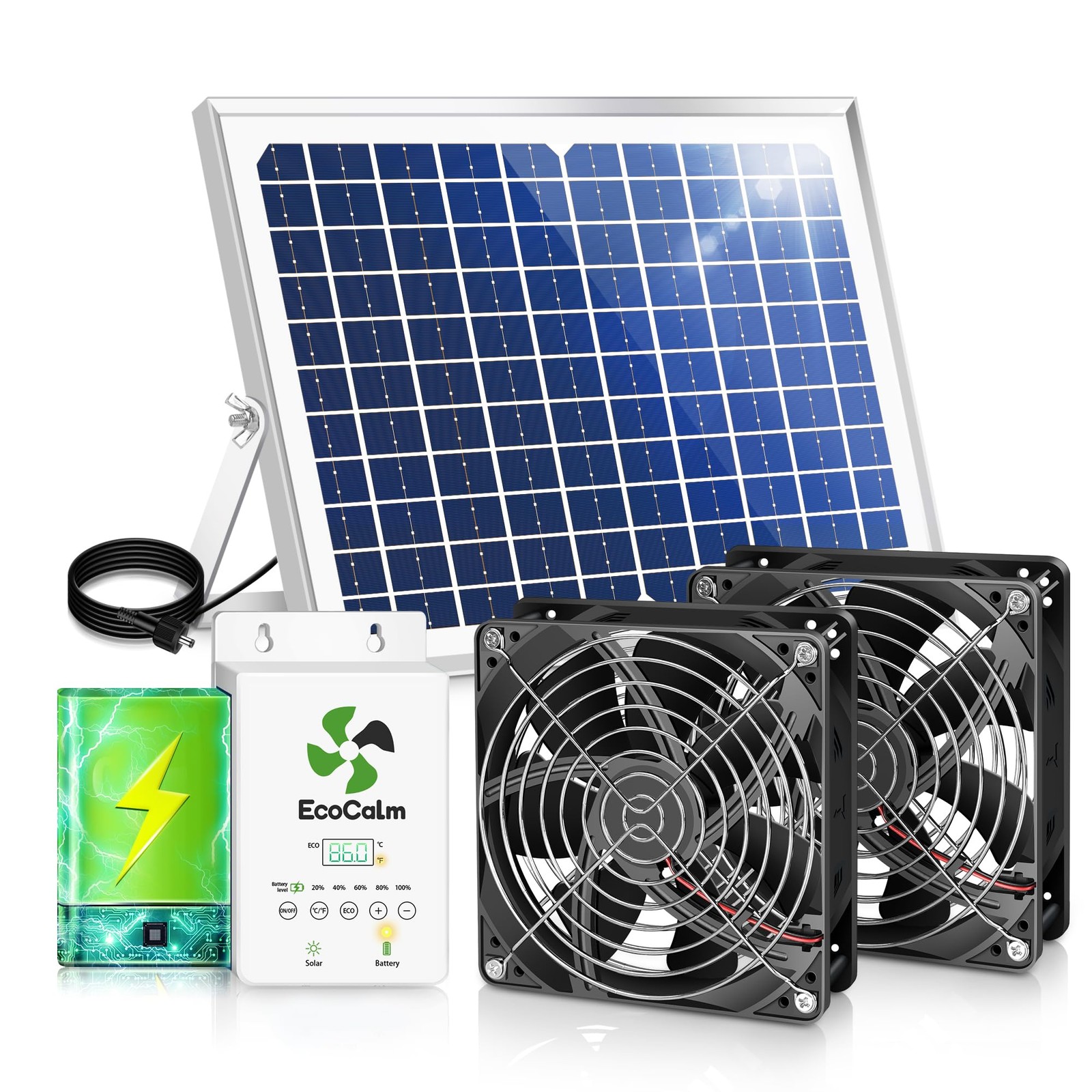 ecoCalm Solar Exhaust Fan for Chicken Coop with Battery and Adjustable Black