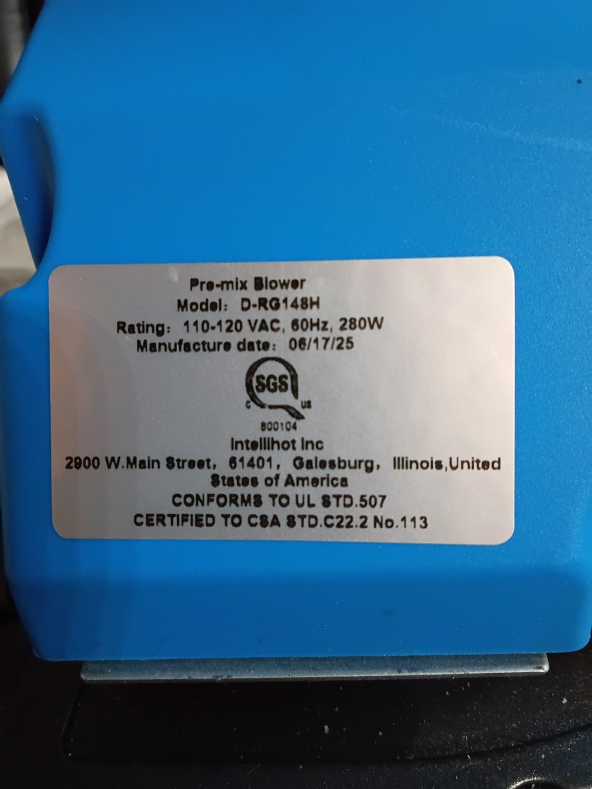Intellihot D-RG148H Centrifugal Blower 110-120V 1-Phase Corded Blue/Gray