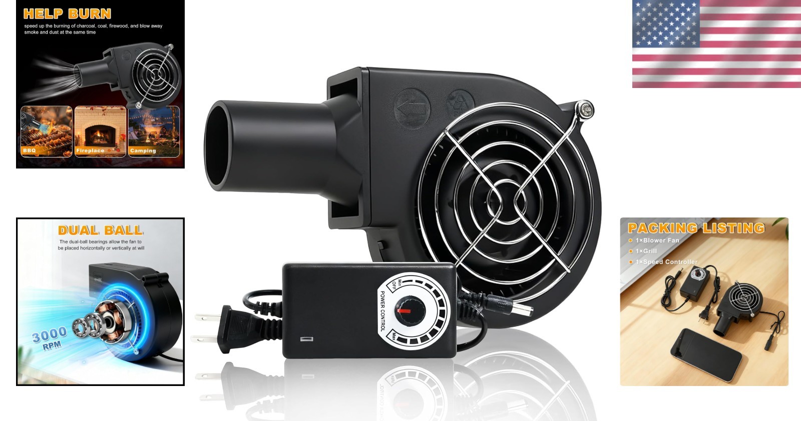 KUNRISE High Airflow BBQ Blower Fan – 110V/120V with Variable Speed Control