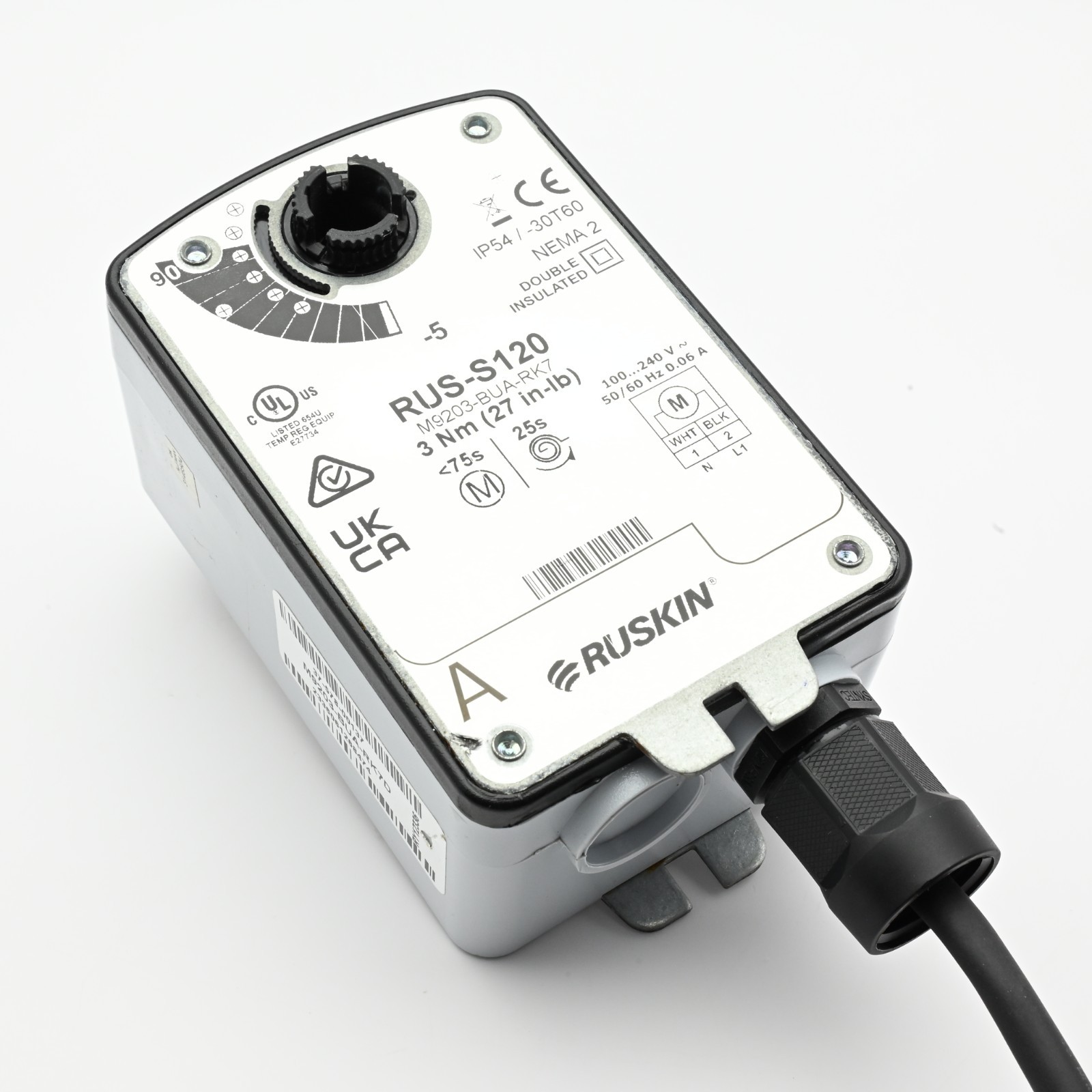 Ruskin RUS-S120 M9203-BUA-RK7 Actuator 3Nm (27 in-lb) 100-240V 50/60Hz 0.06A