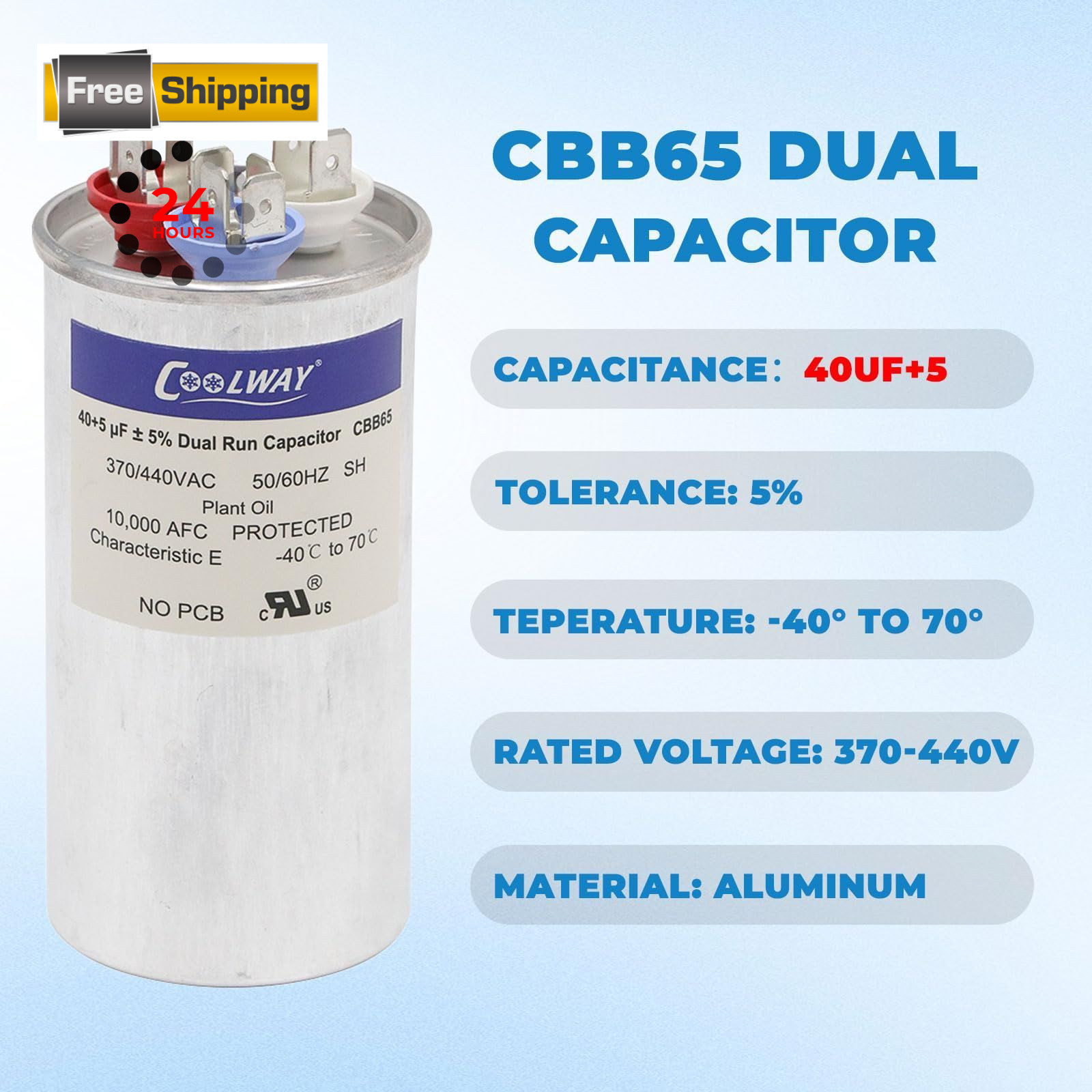 COOLWAY 40/5 uF 40+5 MFD 5% 370V or 440V Dual Run Start AC Capacitor for AC…