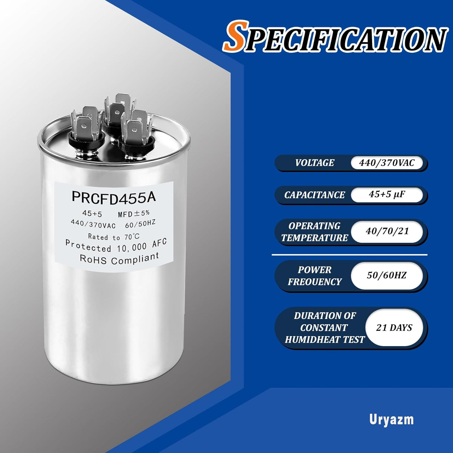Dual Run Capacitor 45 5 MFD 440 370 Volt for PRCFD455A AC Motor
