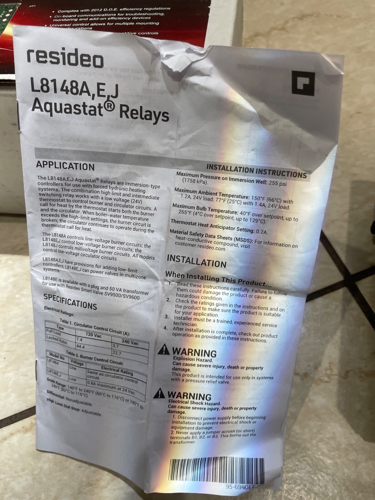 RESIDEO AQUASTAT MODEL NUMBER: L8148J1009
