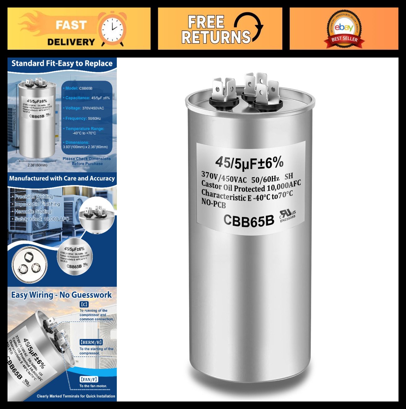Dual Run Capacitor 45/5 MFD 370V 440VAC CBB65B for AC Motor & Fan Start 60x100mm