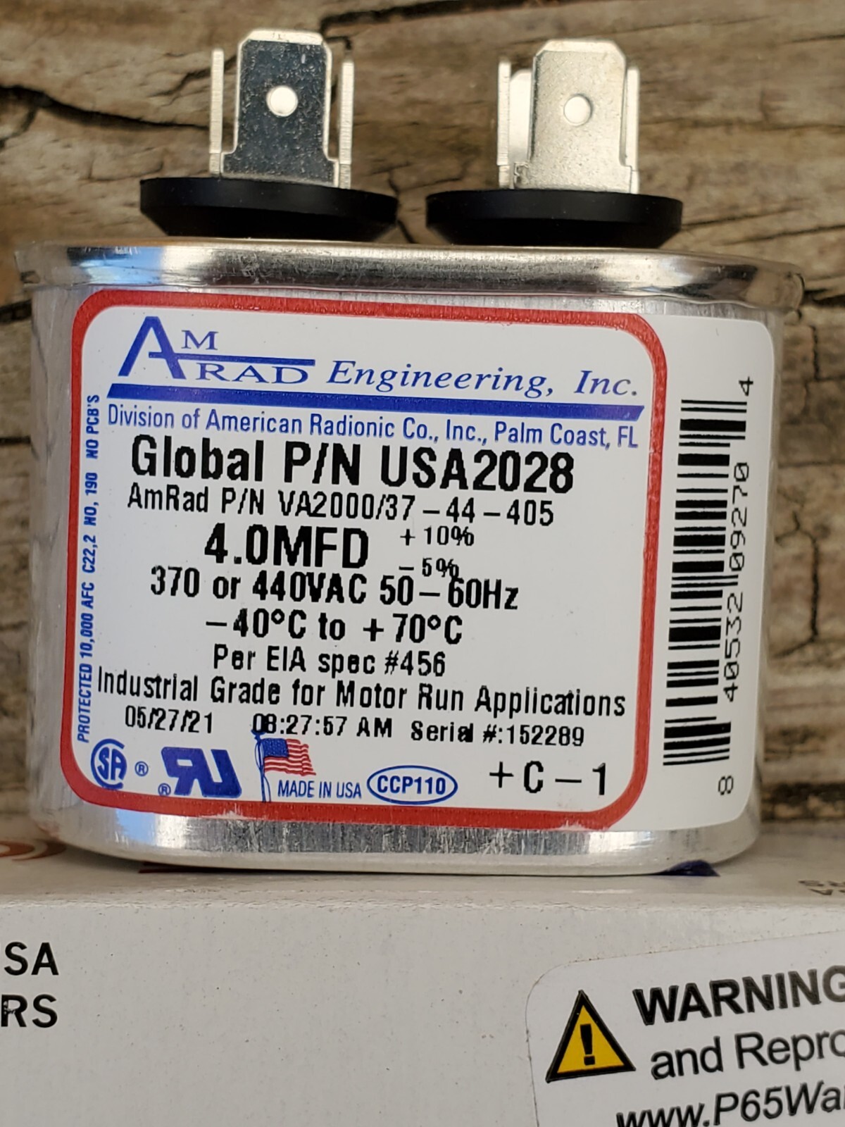 4 MFD x 370 / 440 VAC Oval Run Capacitor AmRad USA2028 – Made in the USA