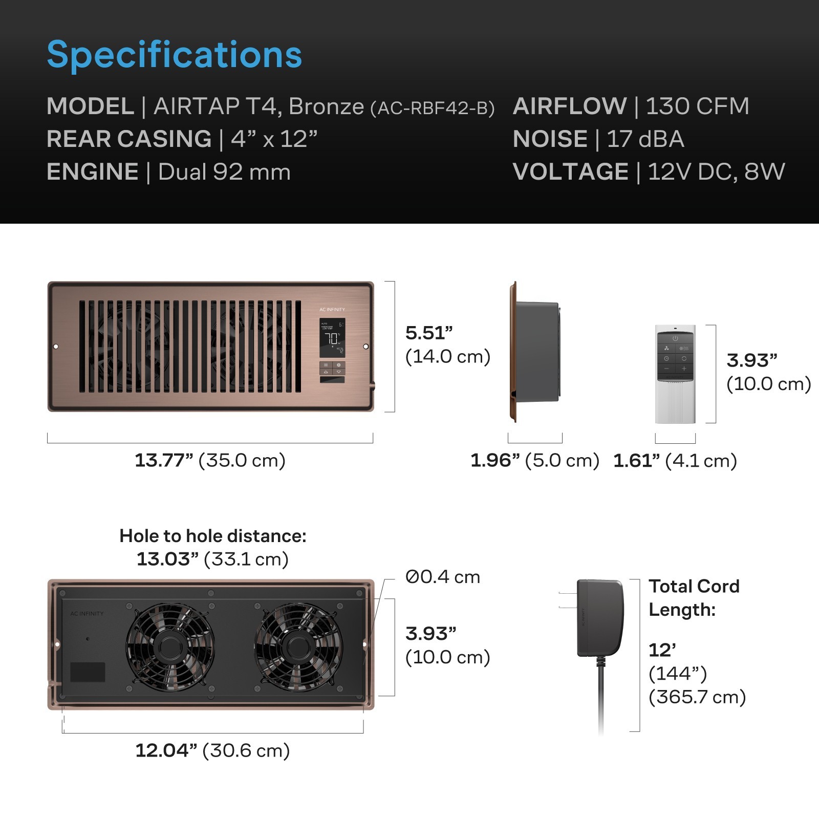 AIRTAP T4, Quiet Register Booster Fan, Heating / Cooling 4 x 12” Register Bronze