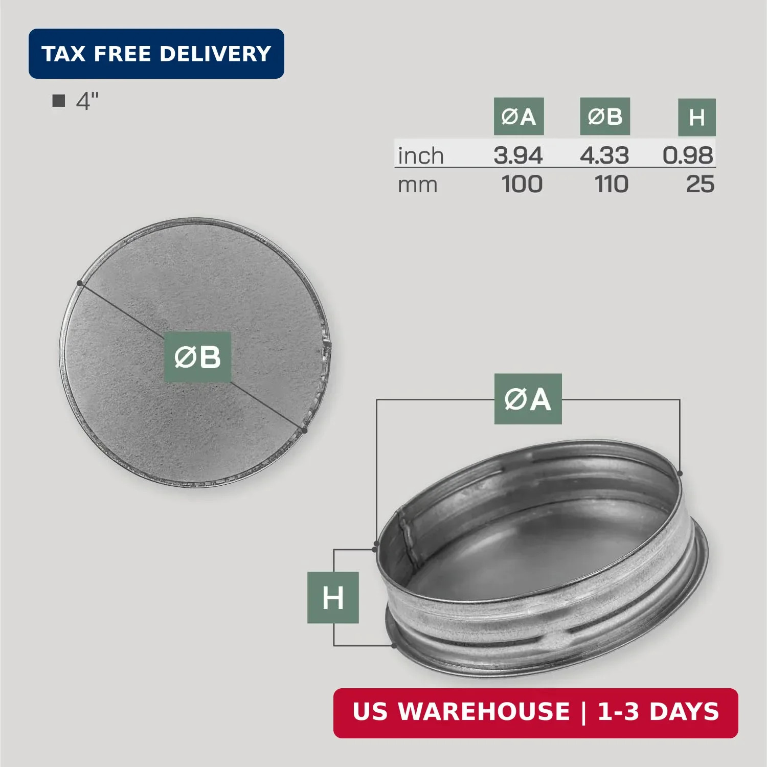 Vent Systems 4″ Inch Galvanized Steel Tee Cap – Heavy-Duty HVAC End Plug for Dry