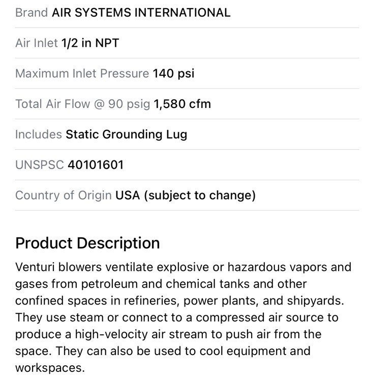 Air Systems International ASI-1200 Venturi Pneumatic Air Blower, 1/2 In NPT