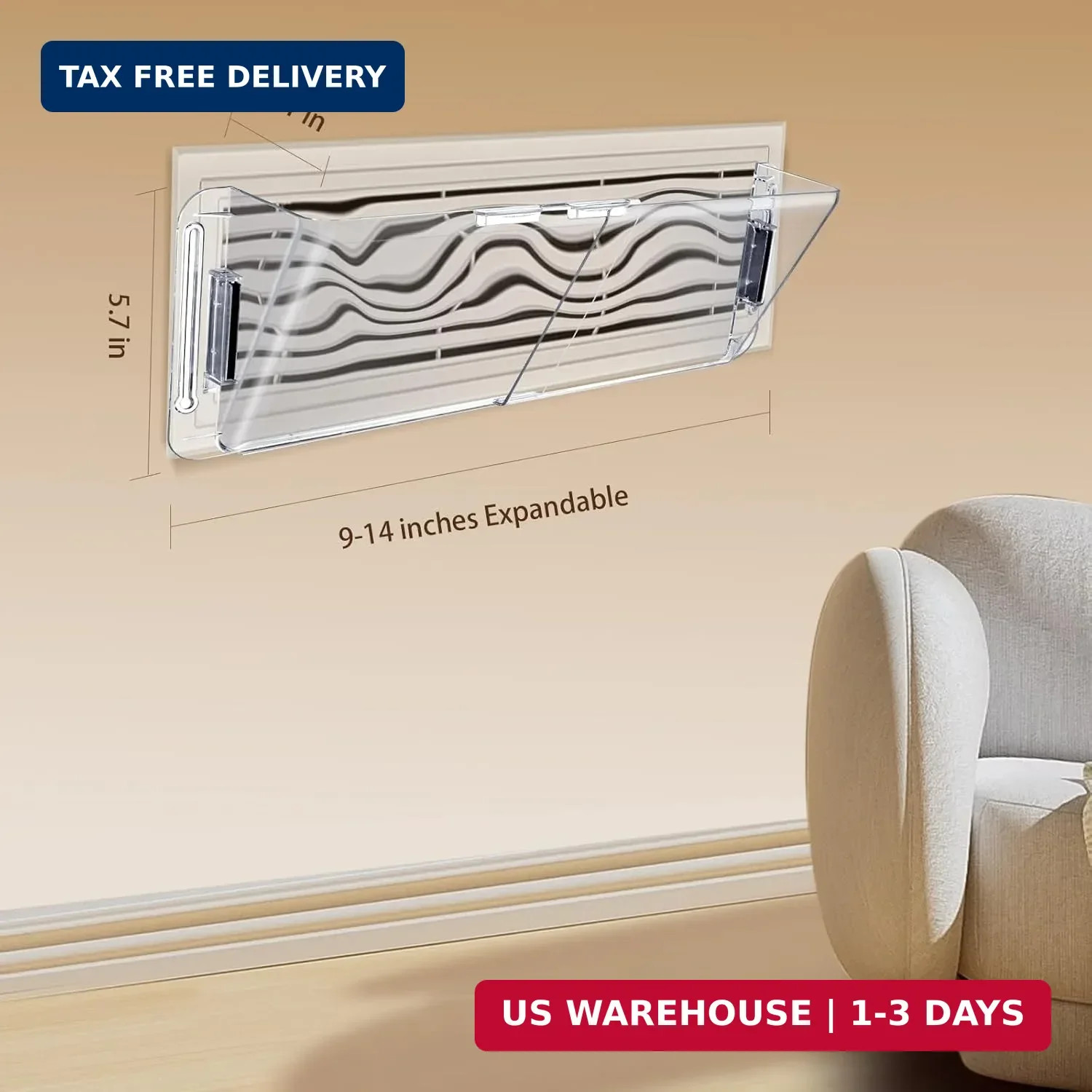 Adjustable Air Vent Deflector for AC,Ceiling, Wall, Floor, 9″ to 14″ Baseboard –