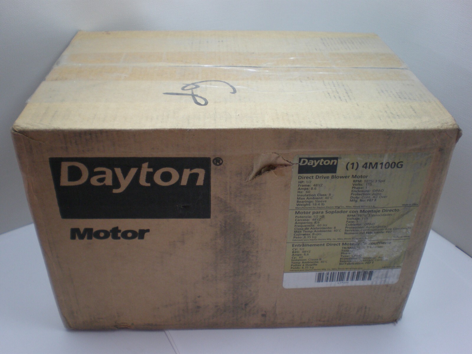 DAYTON 4M100G D/D Blower Motor 3 Speed, Open Air-Over, Ring/Stud Mount, 1/2 HP