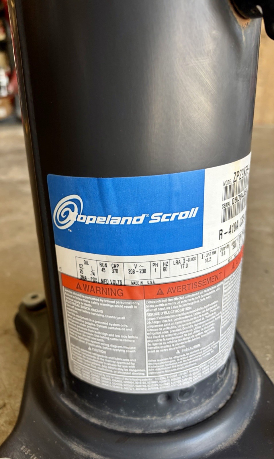 Copeland 3 Ton Scroll Compressor ZP39K5E-PFV-130 R410A 208/230V 1 PH