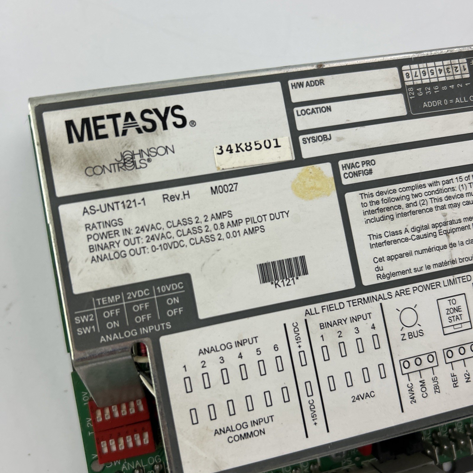 Metasys Johnson Controls AS-UNT121-1 Rev. H Controller, Used, 34K8501
