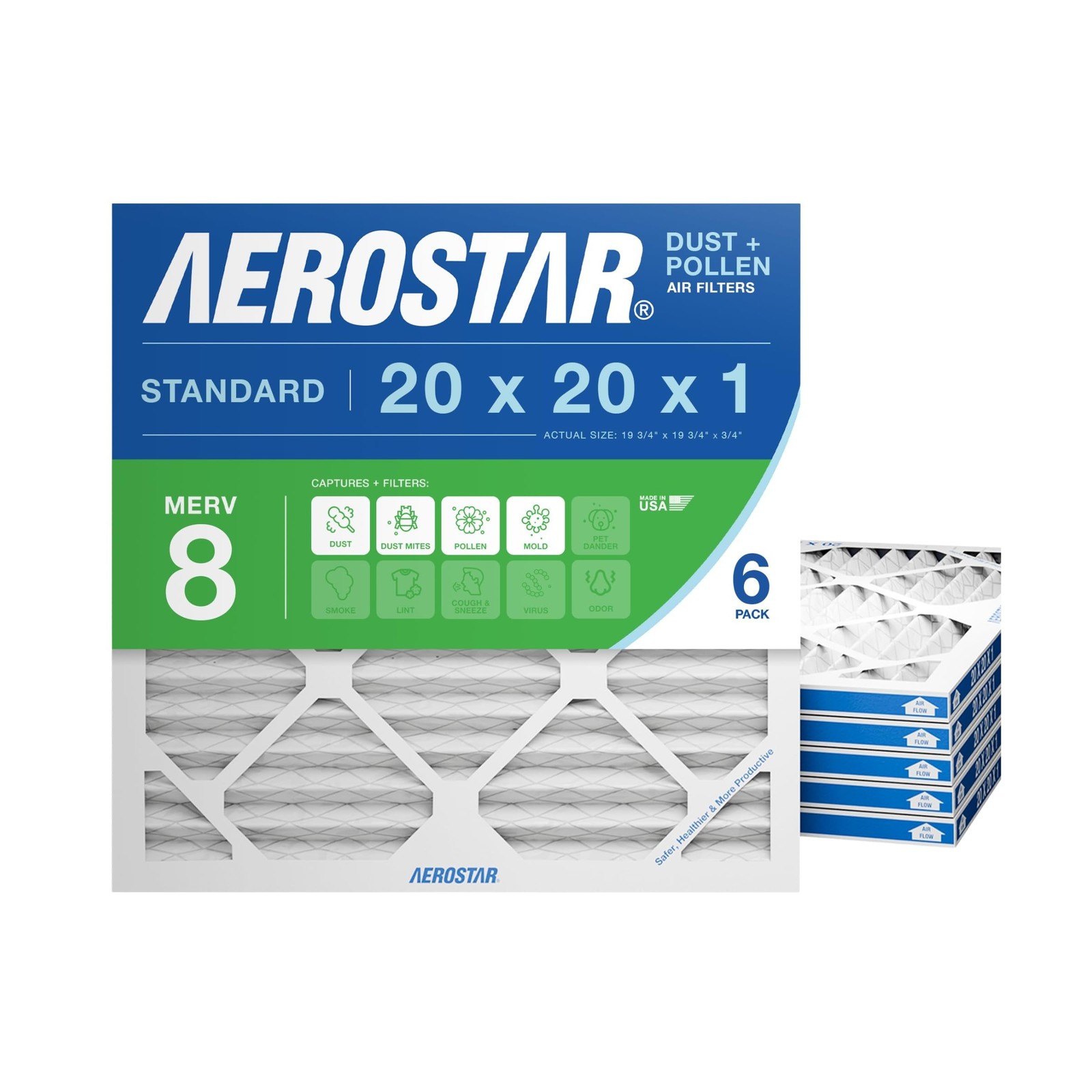 Aerostar 20x20x1 MERV 8 Air Filter, 6 Count, ACTUAL SIZE (19.75 x 19.75 x 0.7…