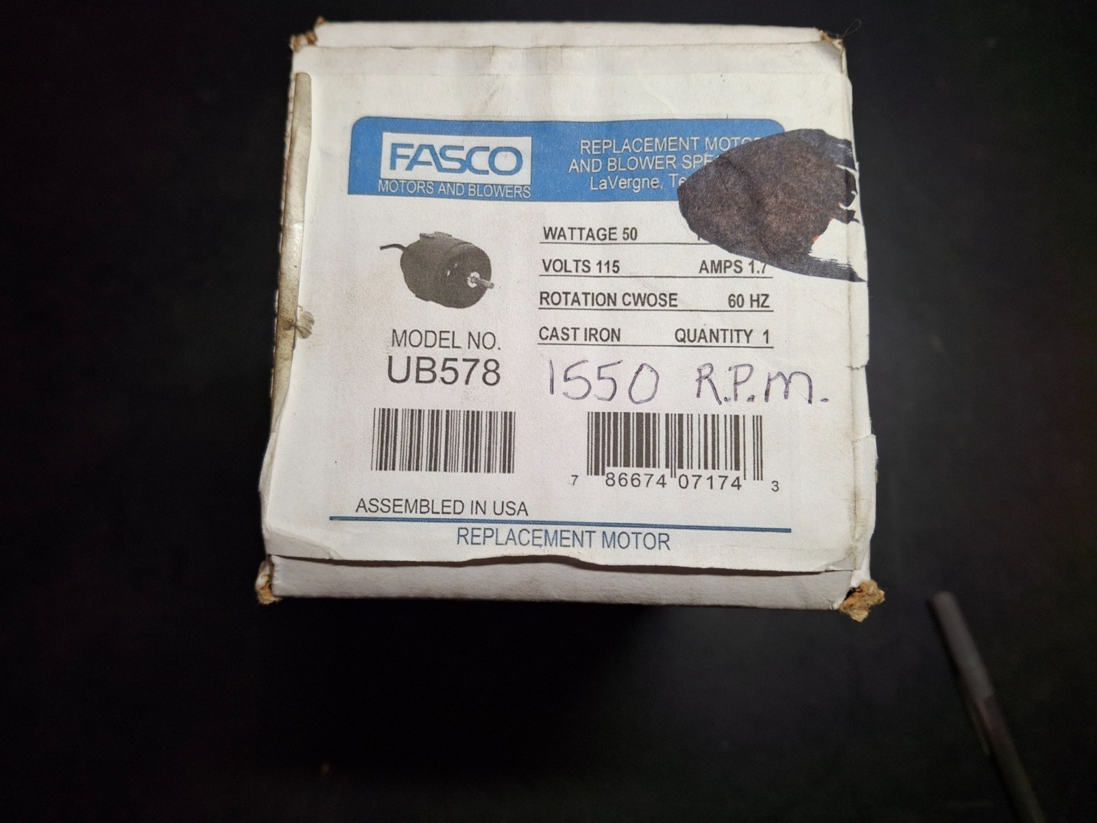 Fasco #UB578 Unit Bearing Motor 1550RPM 115V 1.7A 50W Cast Iron CWOSE TEAO