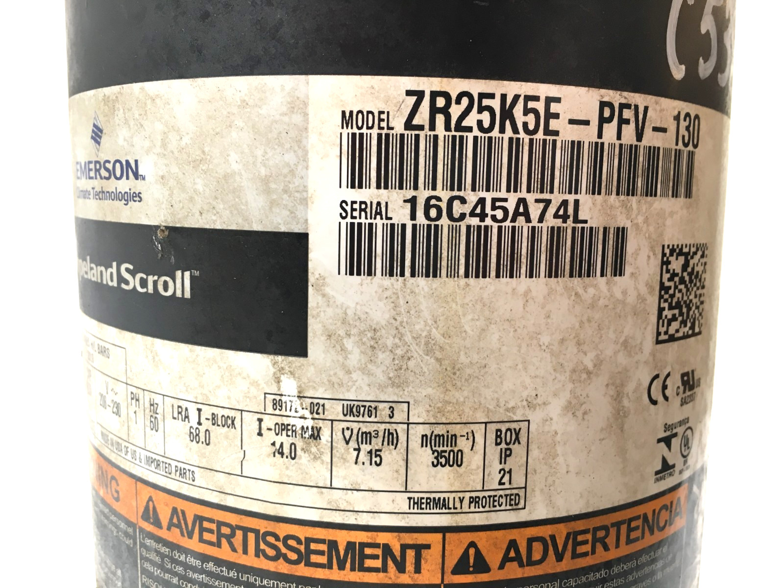 Copeland 2.5 Ton Scroll AC Compressor ZR25K5E-PFV-130 R-22 208-230V used #C538