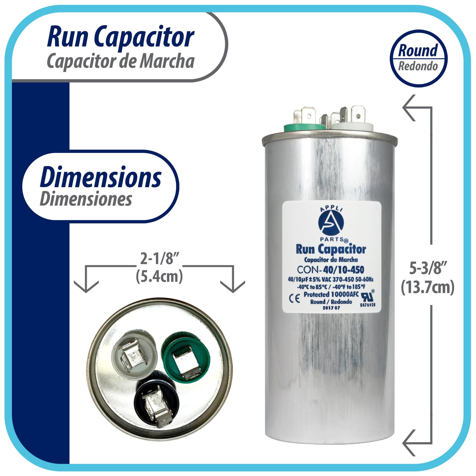Appli Parts Dual Run Capacitor for ac 40+10 Mfd uF (microfarads) 370VAC or 450VA