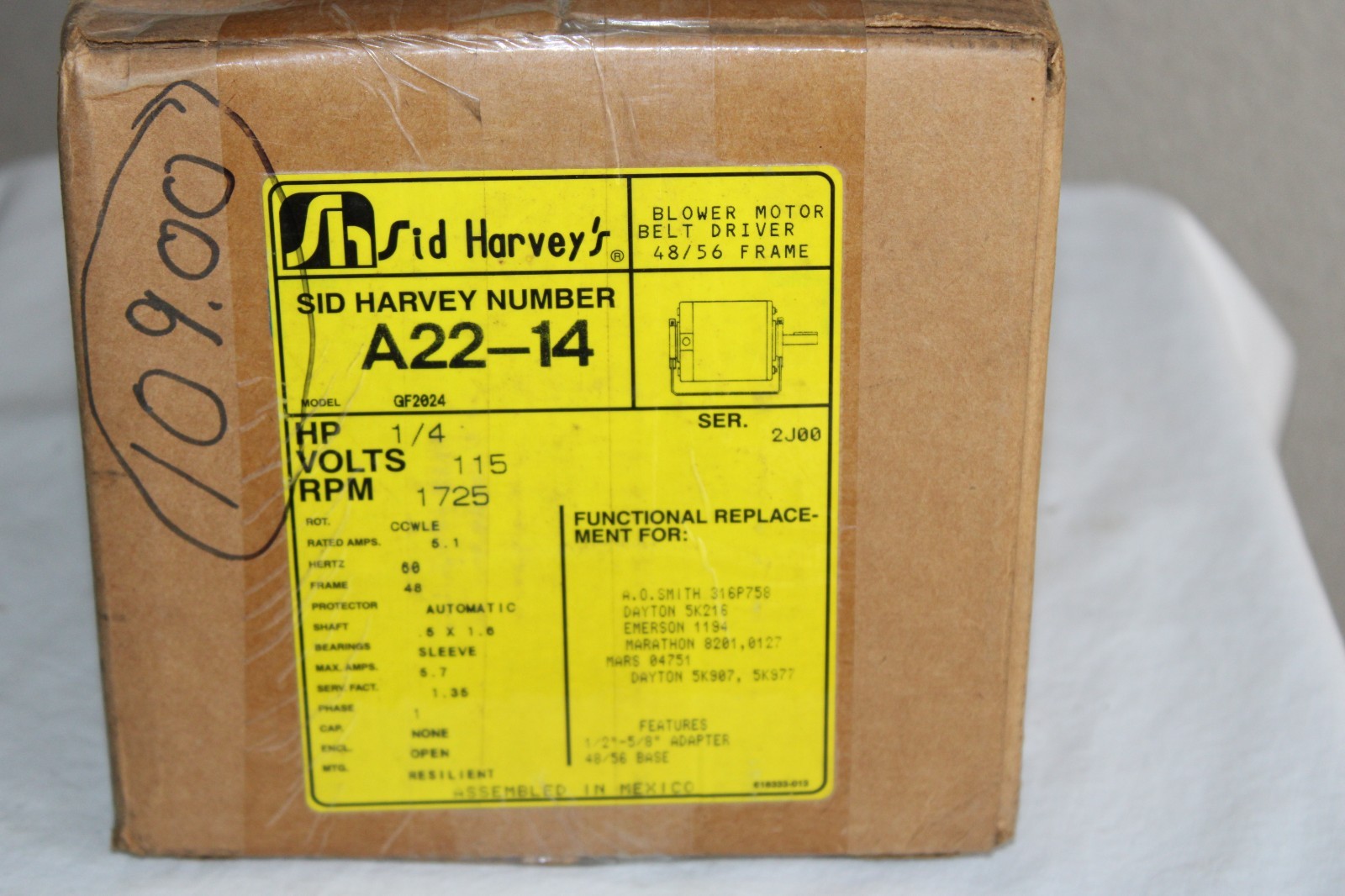 NOS Sid Harvey A22-14 Motor Ball Bearing 1/4 HP 1725 RPM 115 VAC FREE SHIPPING