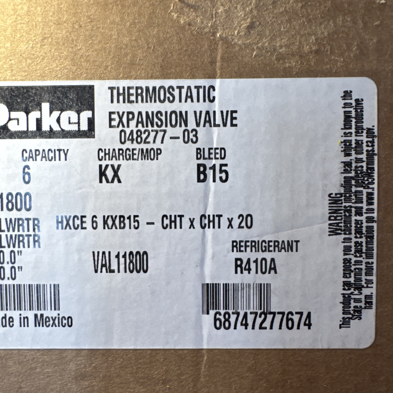 PARKER TERMOSTATIC EXPANSION VALVE 6 CAP VAL11800 MOD HXCE R410A