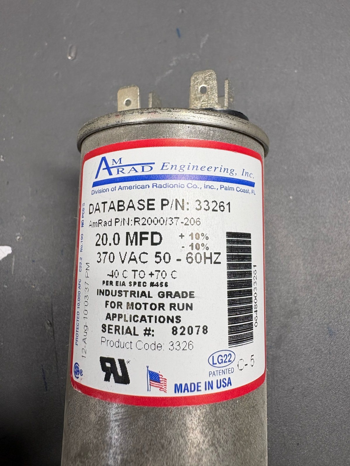 AmRad 20uF 370VAC Motor Run Capacitor 33261 R2000/37-206 USA HVAC