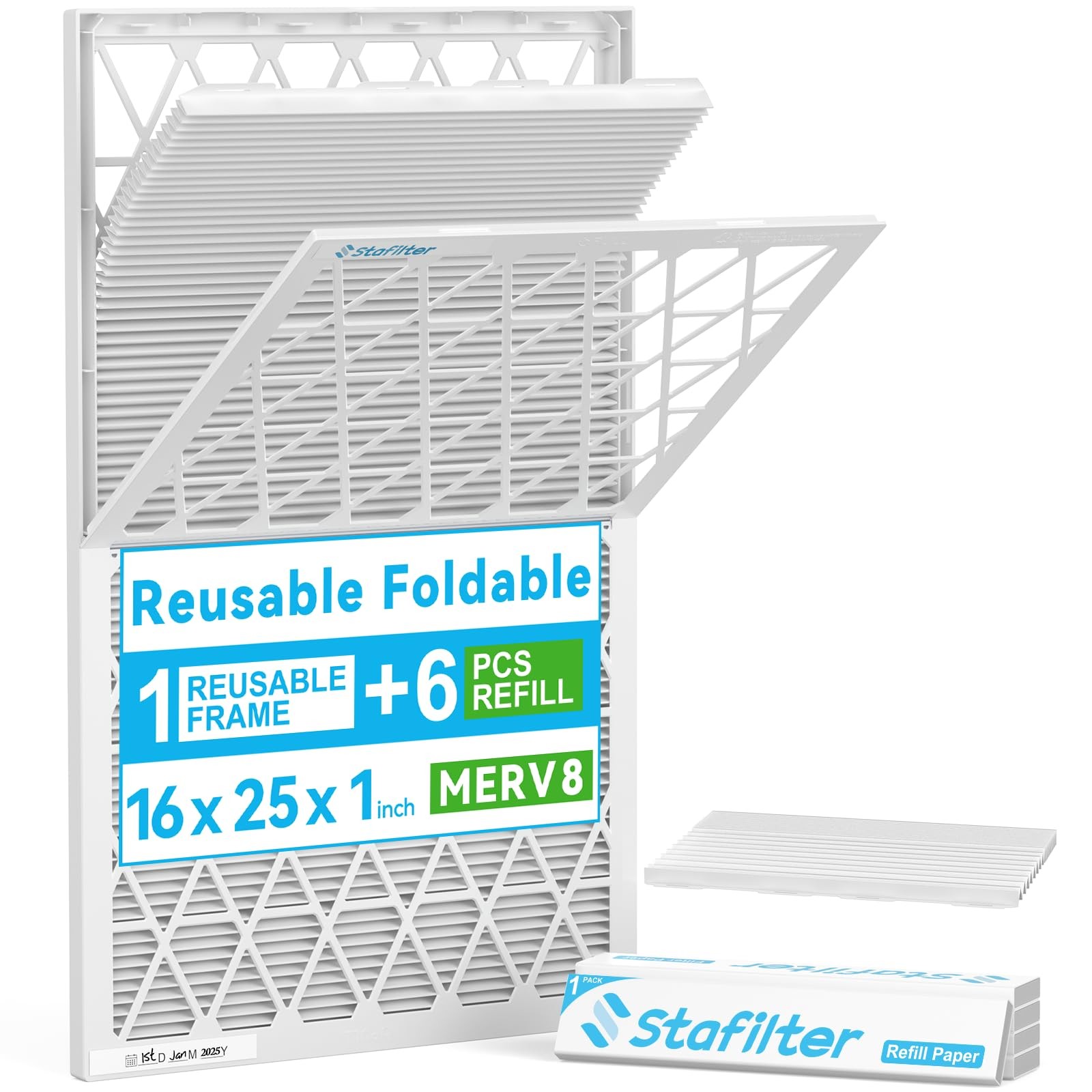 Stafilter 16x25x1 Air Filter MERV 8, 1 Foldable Frame + 6 16x25x1, White