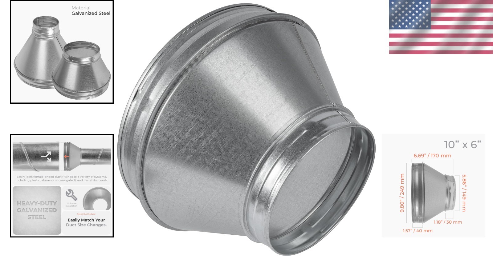 HVAC Round Duct Reducer – Ventilation System Coupling Free USA Shipping