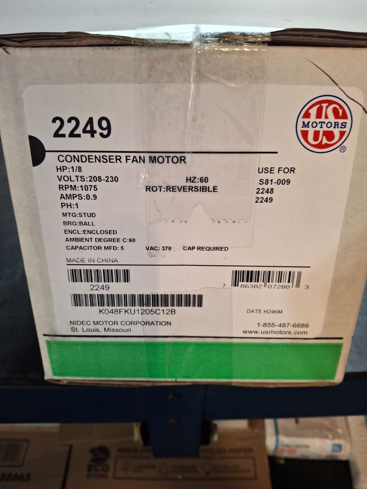 US Motor #2249 1/8HP 1075RPM 208-230V .9A Reversible Ball Bearing 60Hz