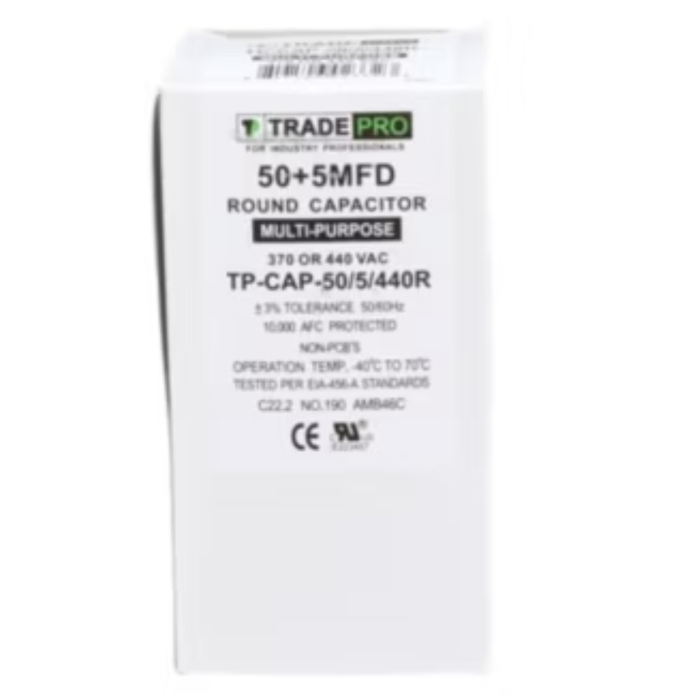 Run Capacitor, 50/5/440 VAC, Round, Dual Rated