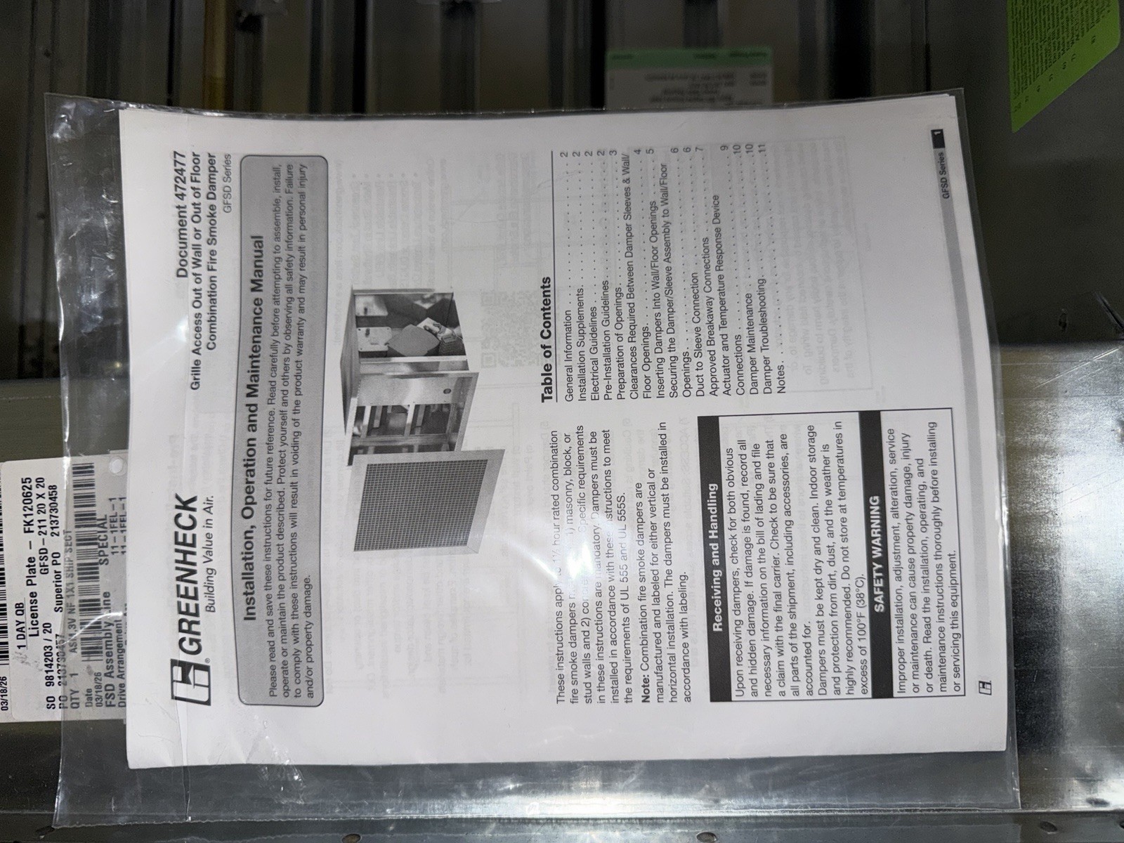 Greenheck GFSD-211 20×20 Fire And Smoke Damper