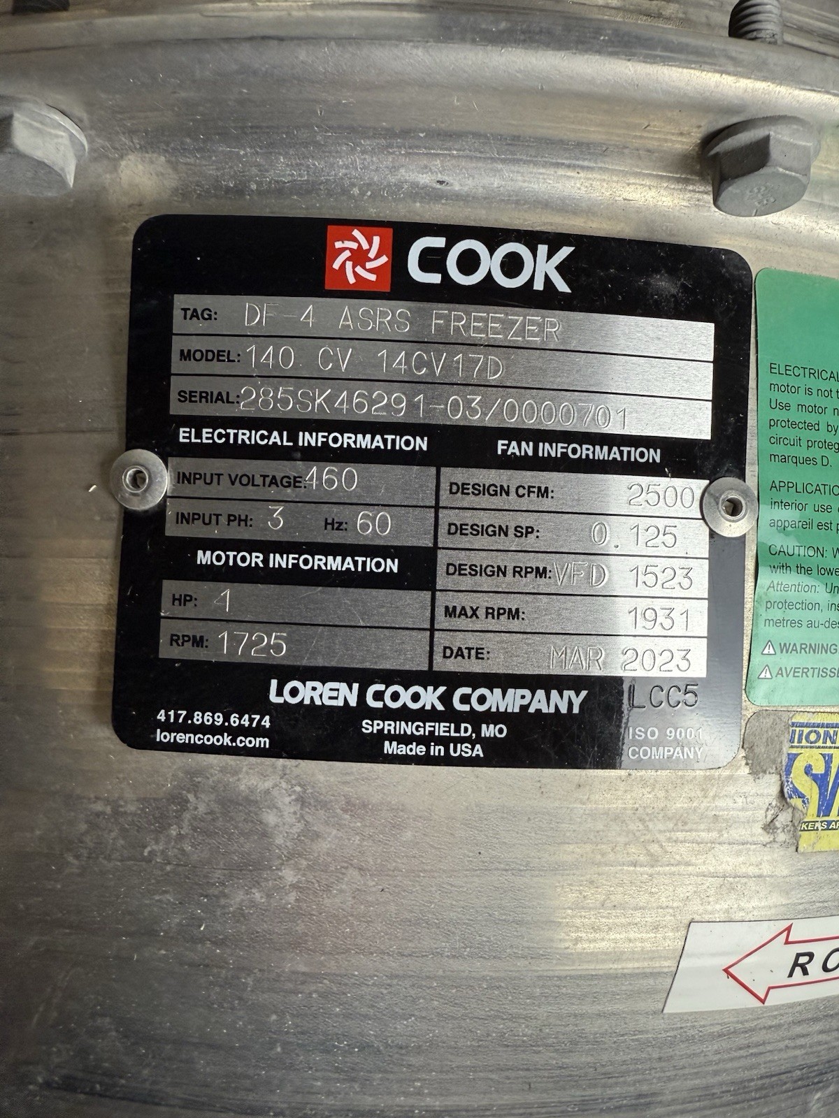 Cook 14CV17D Centri-Vane Mixed Flow Fan 1HP, 460VAC 3-Phase, 1725RPM NOS 2023