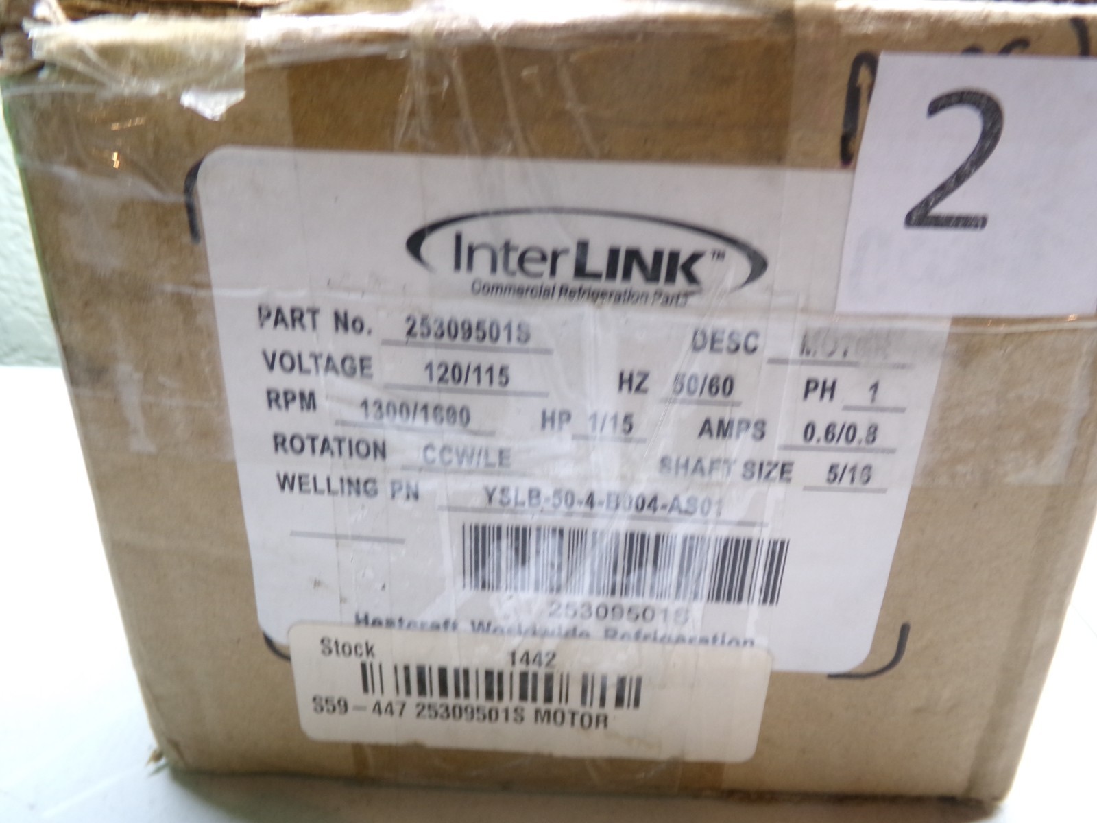 HEATCRAFT YSLB-50-4-B004-AS01 INTERLINK 25309501S 1/15HP 1600RPM 115V