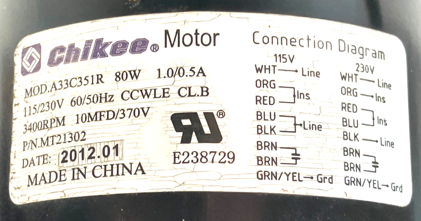 Chikee MT21302 Fan Blower Motor A33C351R 3400RPM 115/230V 60/50 Hz used #L40