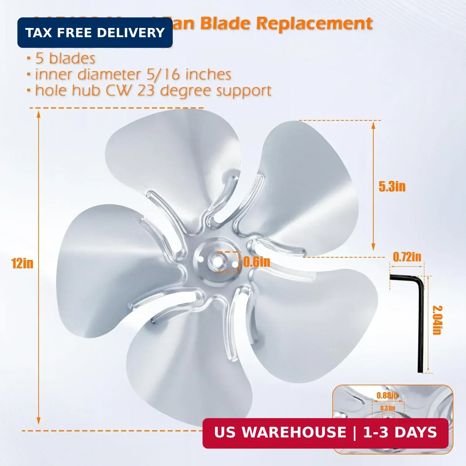 CG A65123 Metal Fan Blade Replacement, Diameter 12 inches, 5 Blades, Inner Diame